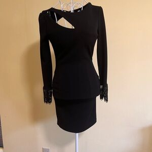 Vintage Black Sheath Dress with Asymmetrical Neckline and Long Cuffed Sleeves